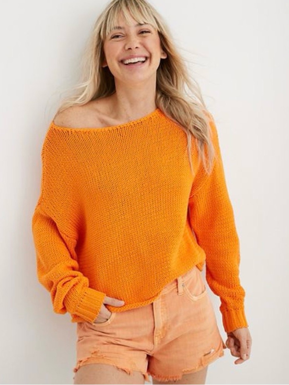 aerie Orange Off-Shoulder Knit Sweater